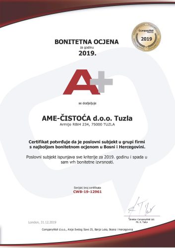 2019. godine AME-čistoća dobija certifikat sa najboljom bonitetnom ocjenom A+, te se sa njim svrstava u grupu firmi sa najboljom bonitetnom ocjenom.
